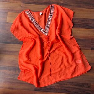 Old Navy Orange Beaded V-Neck Kaftan Swim Cover Up Sheer Chiffon XS